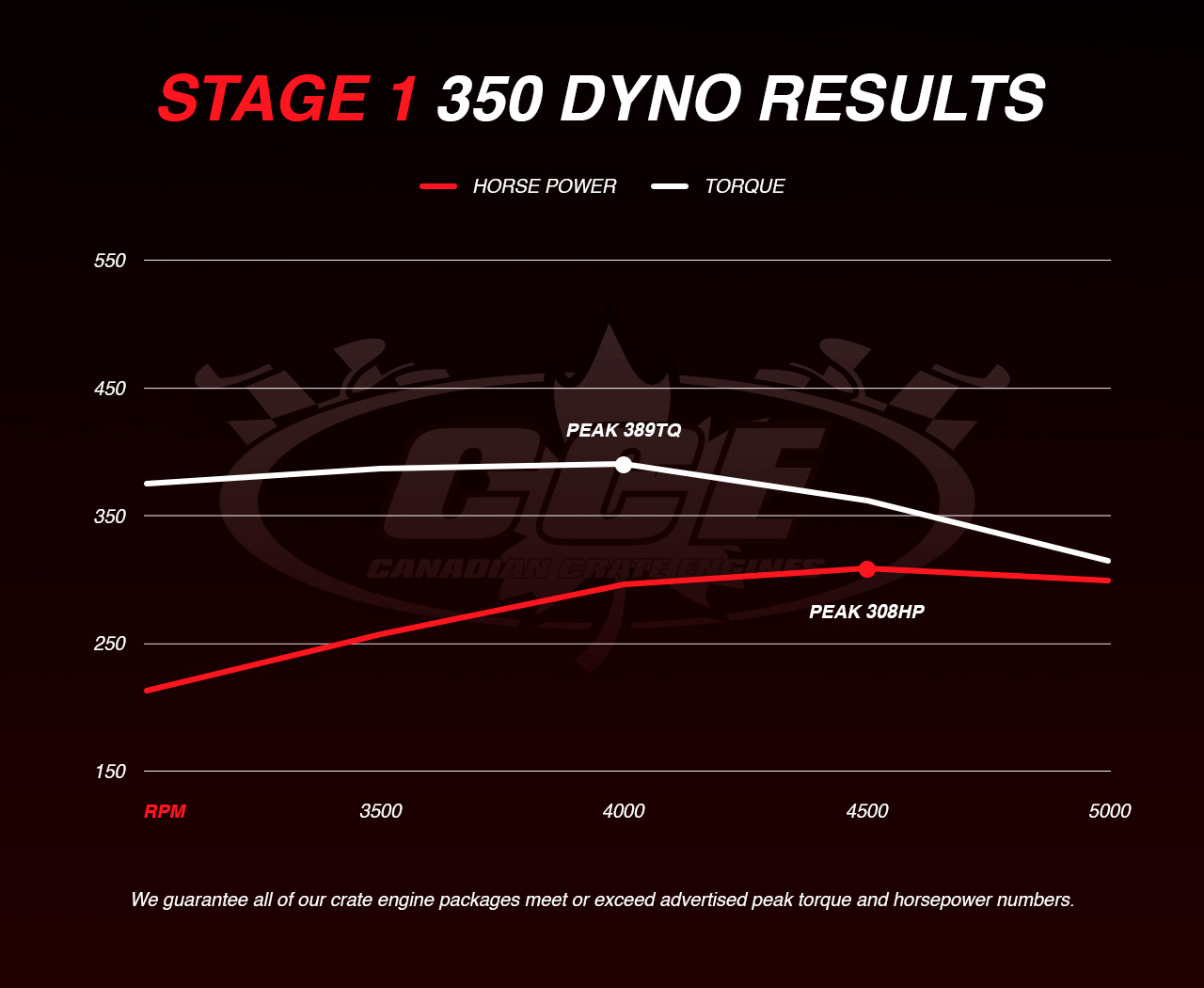Dyno Graph Results for Chevy Stage 1 showing peak torque of 389TQ and peak horsepower of 308HP