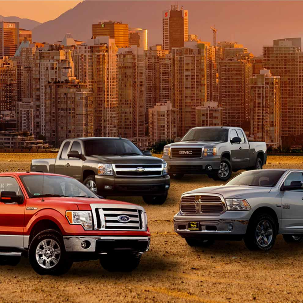 Ford F150, Dodge Ram 1500, Chevrolet Silverado, and GMC Sierra lined up together